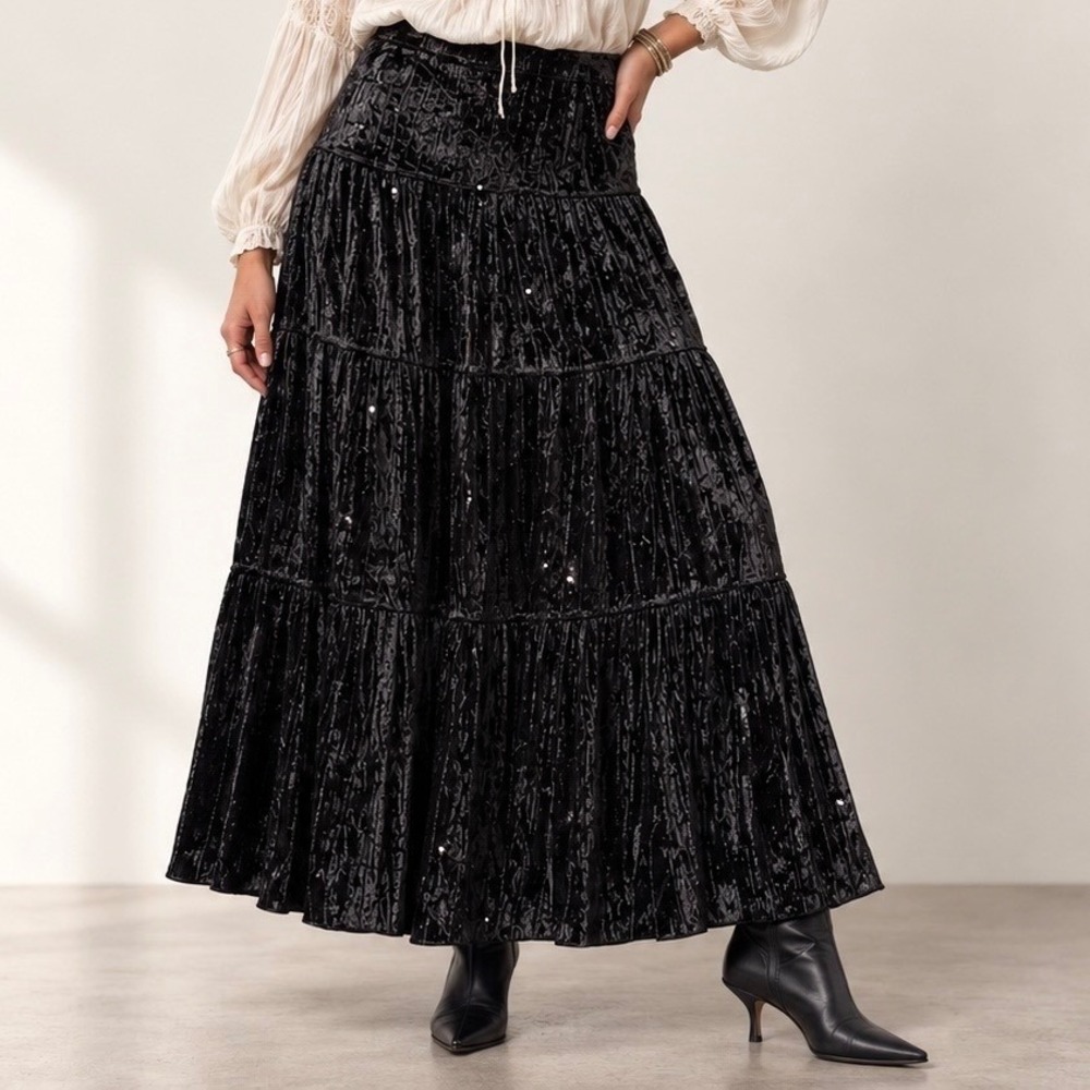 Black Crushed Velvet Sequin Tiered Maxi Skirt XL Whimsigoth Witchy Dark Boho Y2K